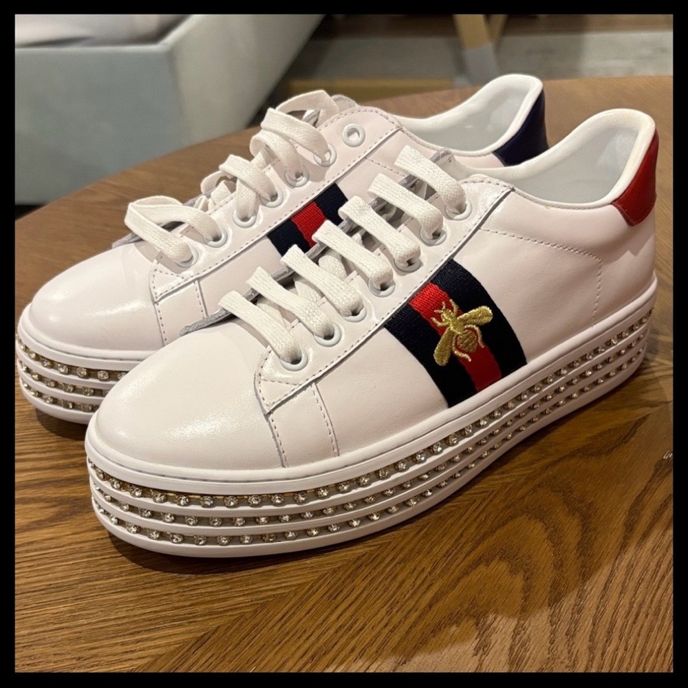 Gucci White Platform Sneakers with Red and Blue Stripes